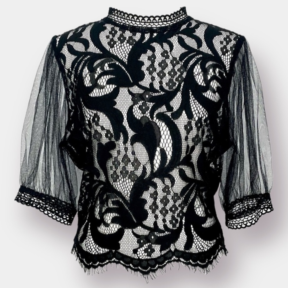 NWT Peach Sheer Lace Black Top Party Evening Size Small